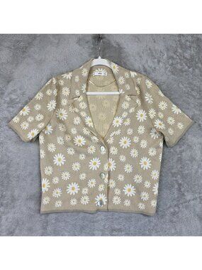 Mango Cardigan Sweater Womens Medium Beige Daisy Floral Collared Button Knit